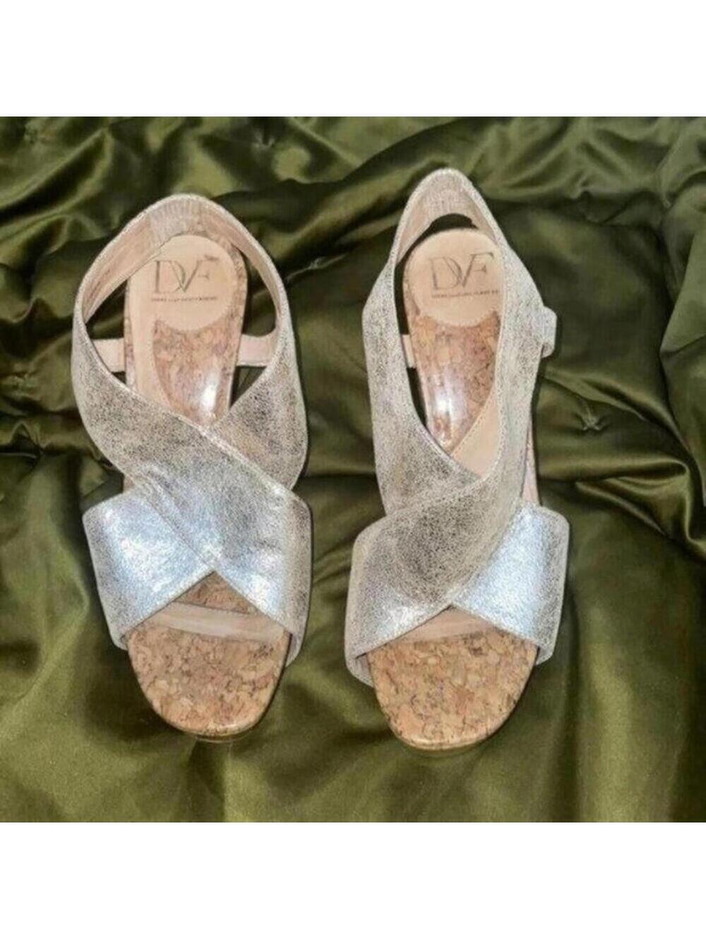 Diane Von Furstenberg Sandy Gold Cross Strap Cork Sole Platform Heel